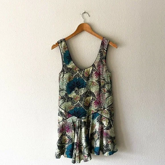 slim fit dress slacks Free People Ruffle Neck Long Sleeve Women's Dress Floral Green main image 0